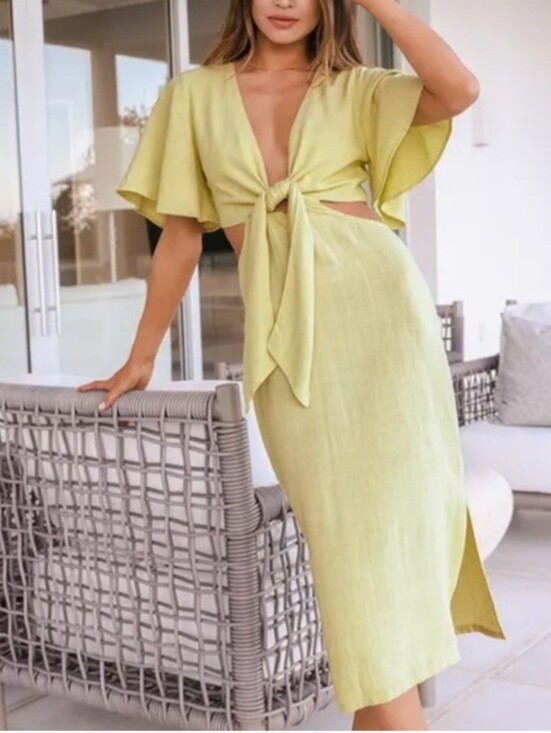 Lulus Dresses & Skirts - Lulu's Summer Journey Light Green / Lime Tie-Front Cutout Midi Dress
